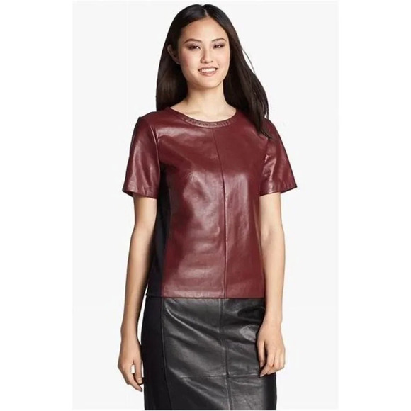 Halogen Women's Burgundy 100% Leather Front Zip Back Short Sleeve Panel Top M - Picture 7 of 8